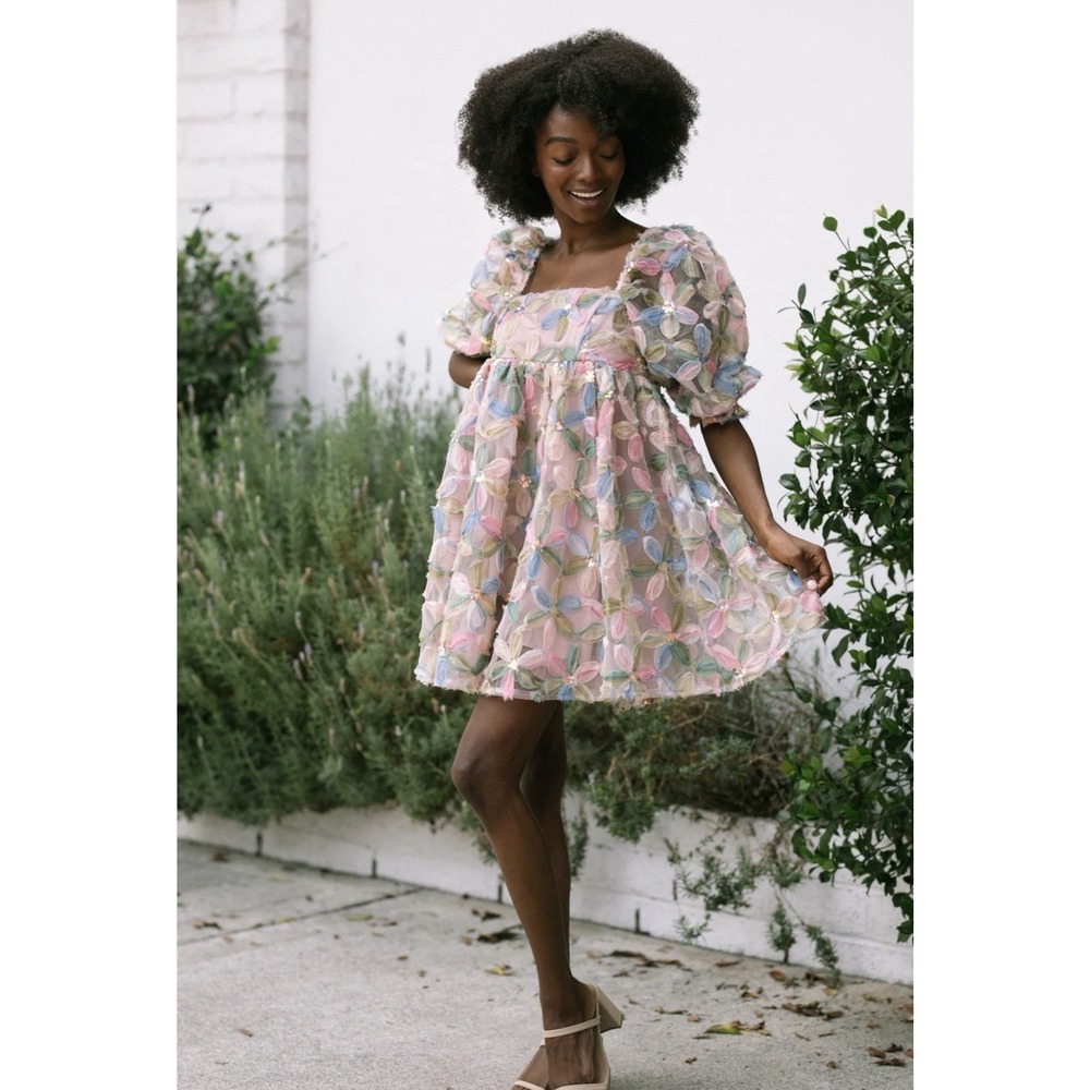 Storia Stacy Sequins Floral Sz S Babydoll Dress Puff Sleeve Colorful Wedding